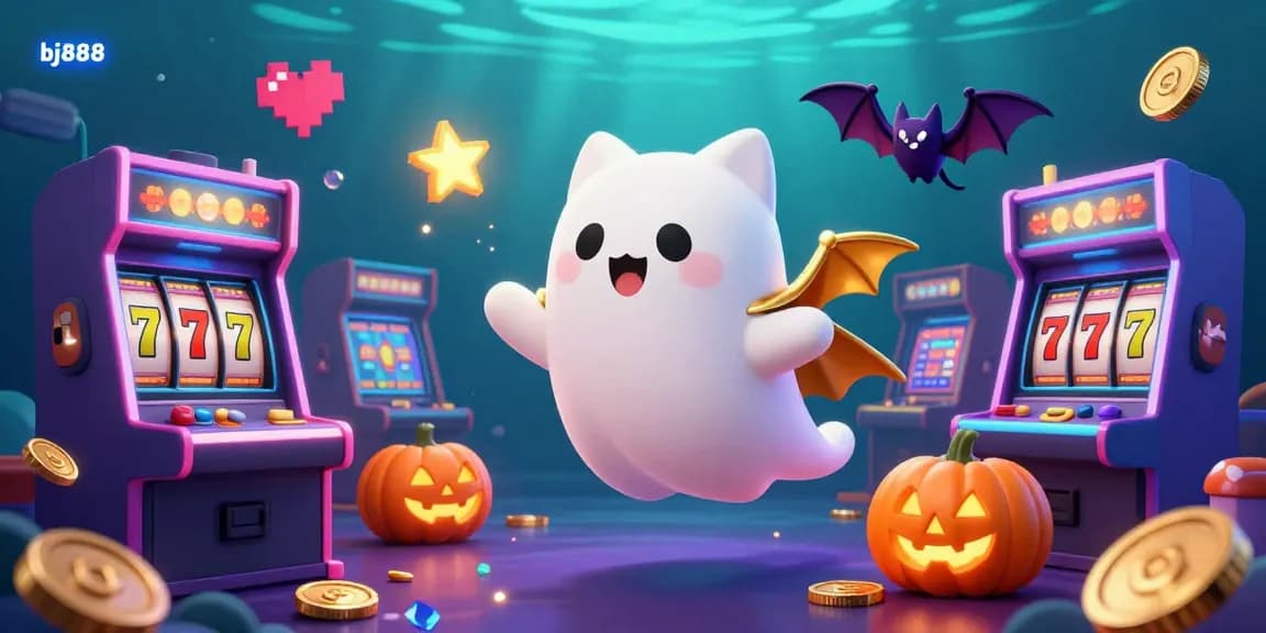 Join the fun at bj888 casino with a playful ghost cat, vibrant jack-o-lanterns, and dynamic gaming elements.