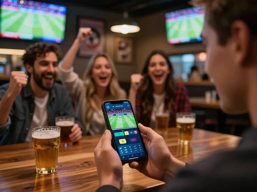 Bsport app user excitedly placing bets in a vibrant sports bar atmosphere with friends celebrating