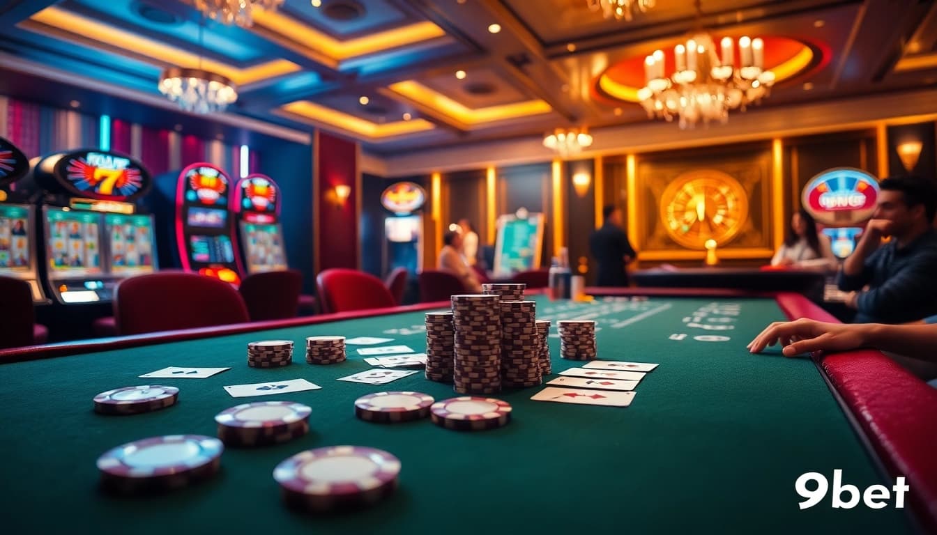 Engaged players at an i9bet casino table with poker chips, cards, and a roulette wheel.