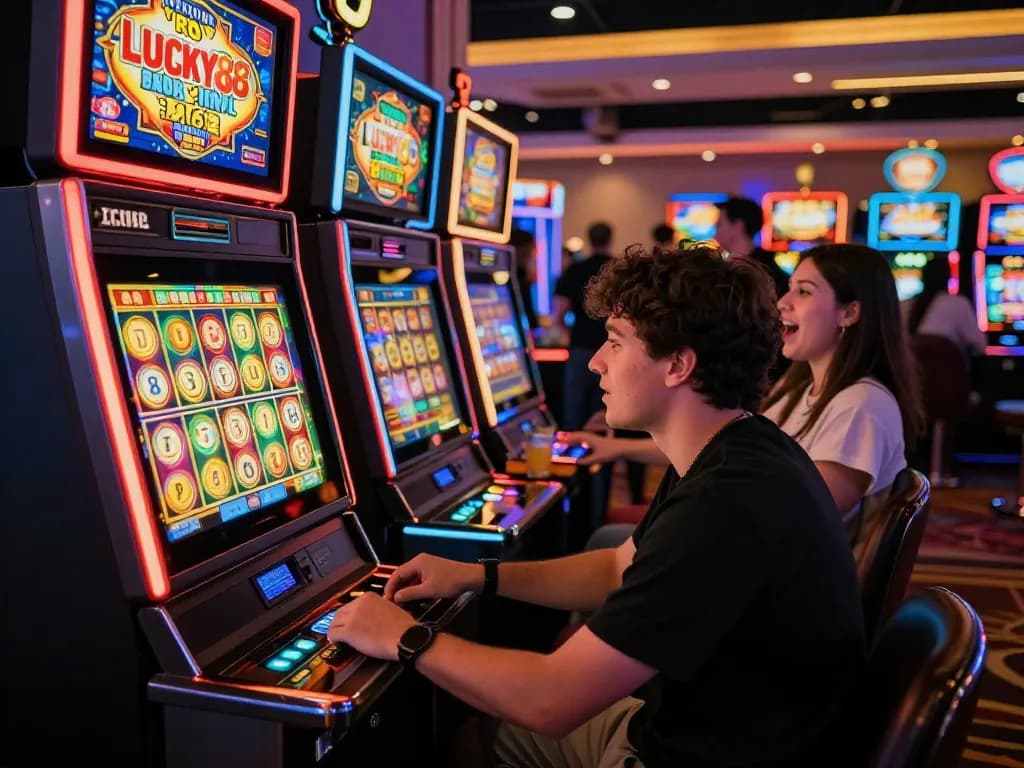 Excited player enjoys Lucky88 slot machine amidst vibrant casino lights and lively crowd.