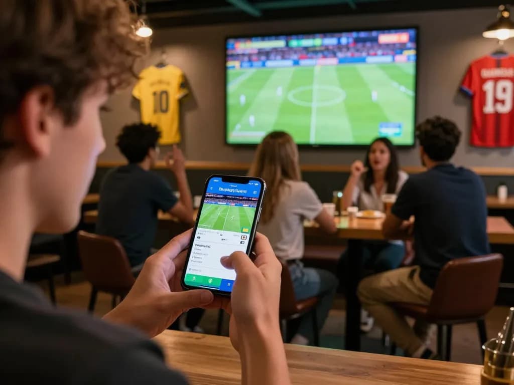 Engaged friend placing a bet on เว็บแทงบอล app during a football match at a lively sports bar.