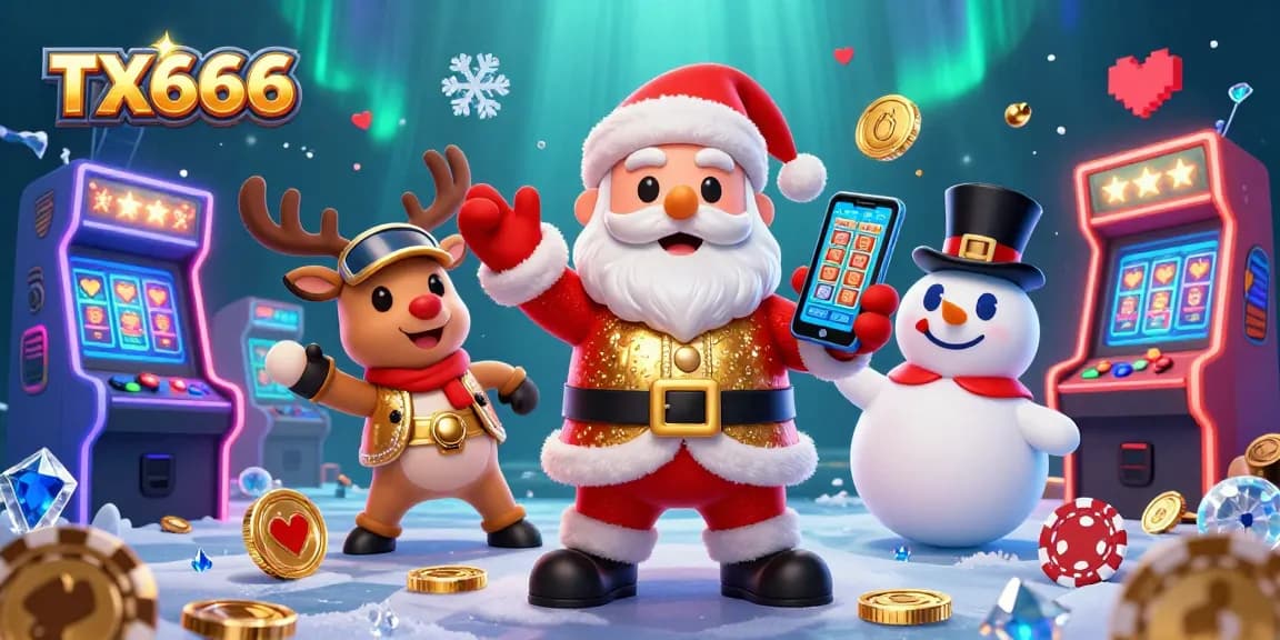 Experience non-stop action and jackpots at TX666 with Santa and friends in a vibrant casino scene.