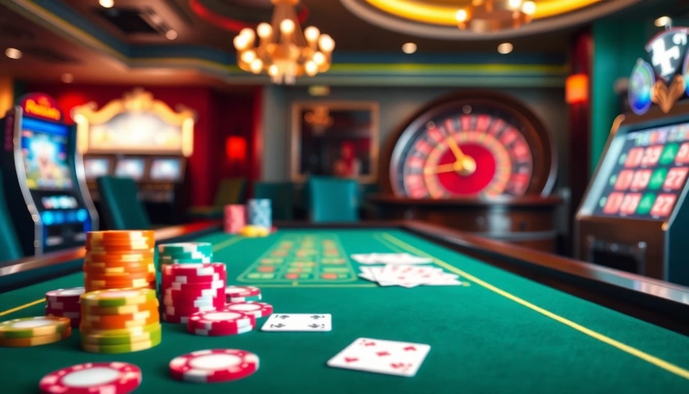 33win68 kasino online dengan chip poker berwarna-warni, kartu elegan, dan roda roulette.