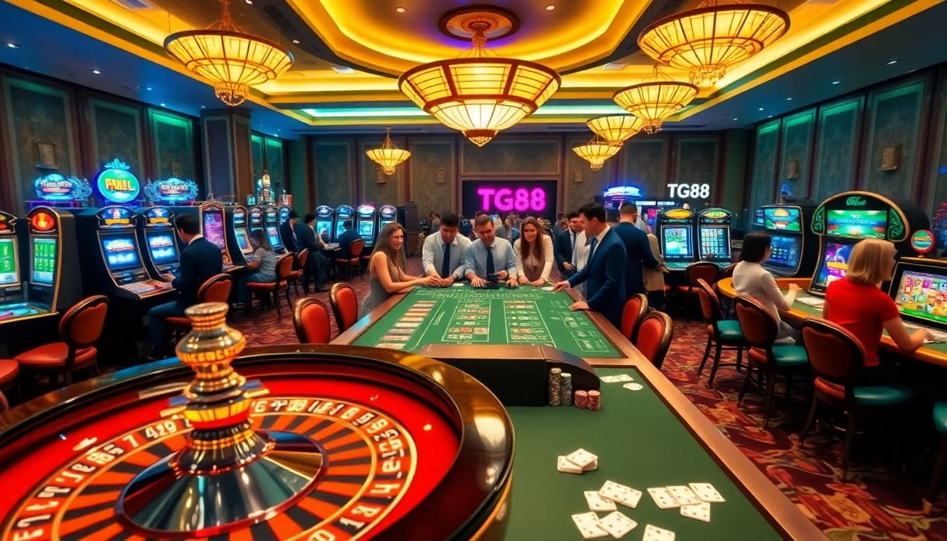 Experience high-stakes gambling at TG88's luxurious casino interface with vibrant slot machines and poker action.