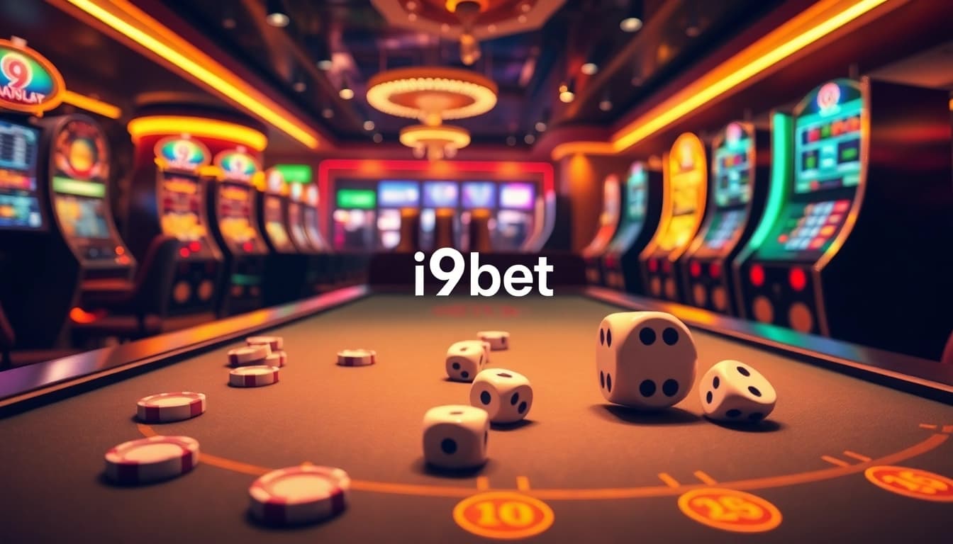 Experience the excitement of i9bet with vibrant online gambling visuals, featuring poker tables and slot machines.