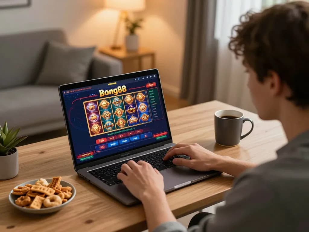 Bong88 online gaming session with vibrant slots and cozy atmosphere