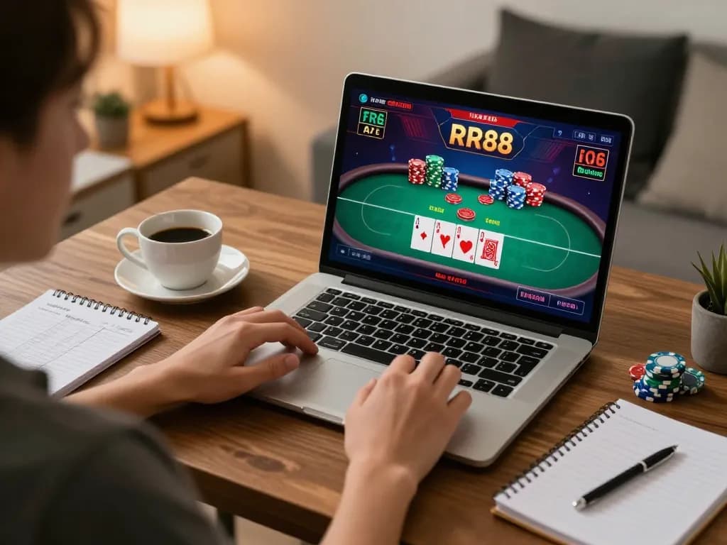 Player engaging in RR88 online poker game, showcasing strategic betting and relaxed home environment