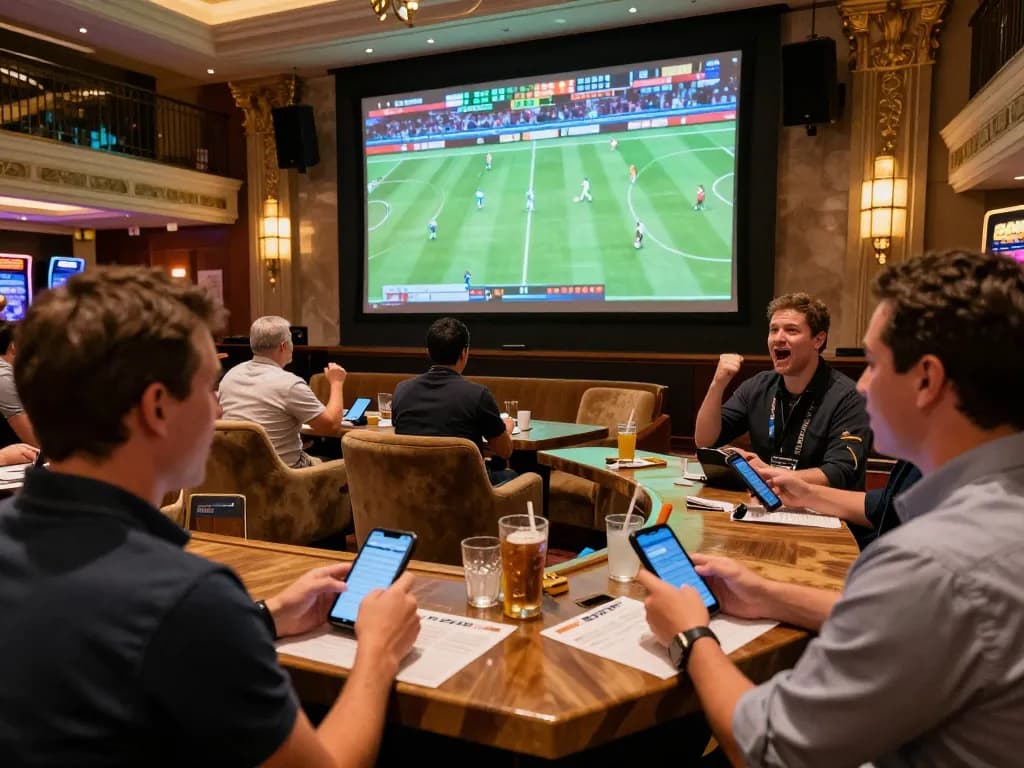 Engaging sports betting action at HIT CLUB lounge with enthusiastic bettors and vibrant screens.