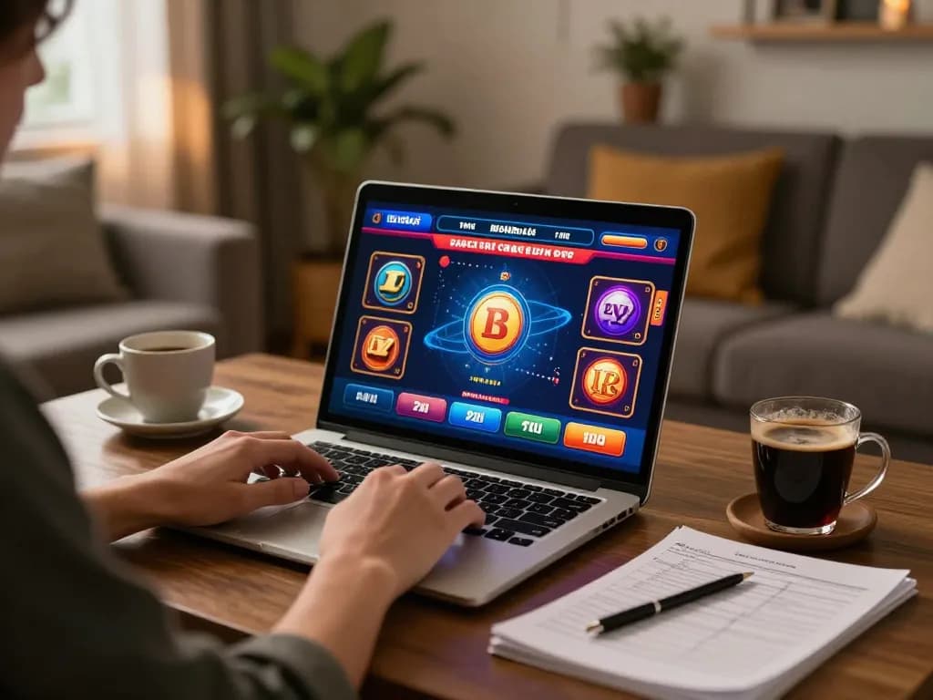 Player engaging with Betbdt online casino from home, showcasing gaming interface and relaxed atmosphere.