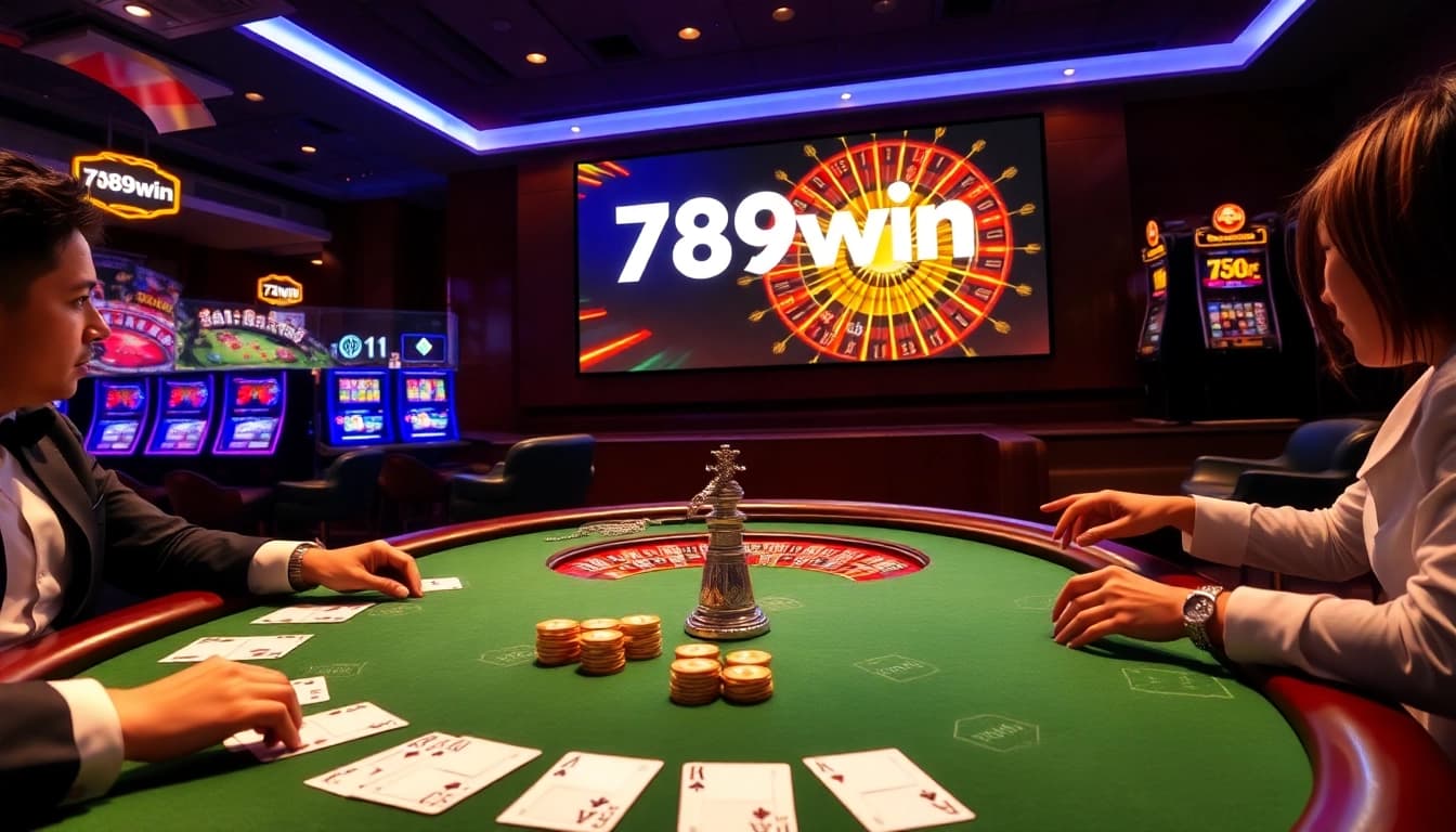 A vibrant casino scene featuring the 789win logo, players at a poker table, and a spinning roulette wheel.