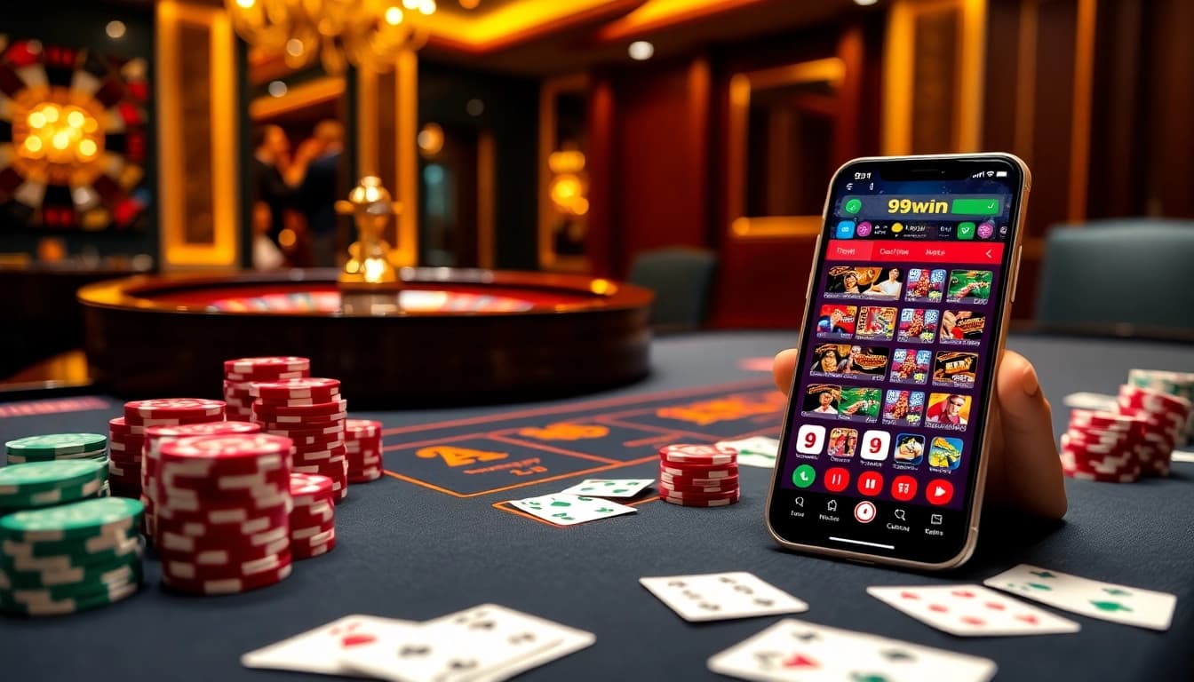 Exciting moment in 99win online casino with vibrant poker chips and a roulette wheel.
