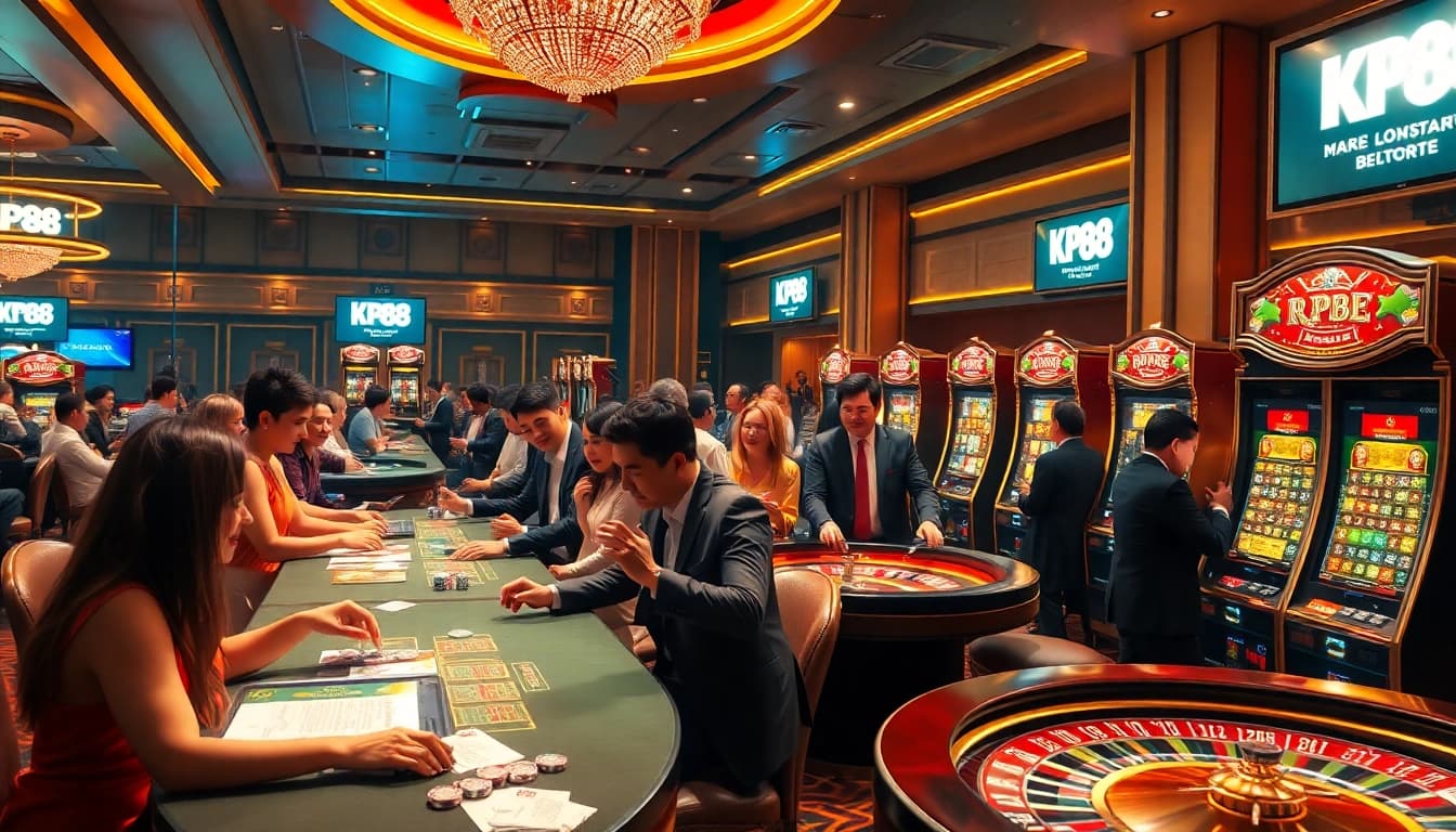 Excited players enjoying the luxurious KP88 casino atmosphere with poker, roulette, and slot machines.