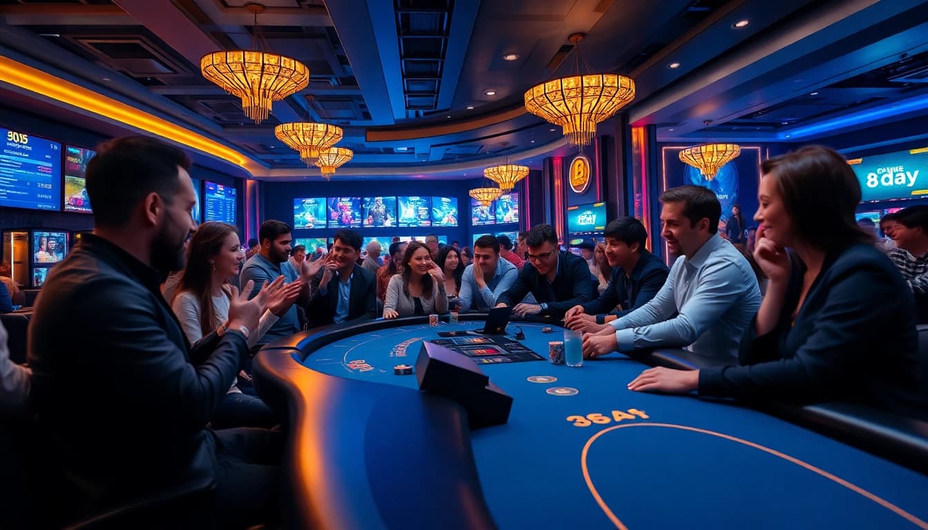 Dynamic online gaming scene featuring 8day with players and a live dealer, showcasing excitement and interaction.