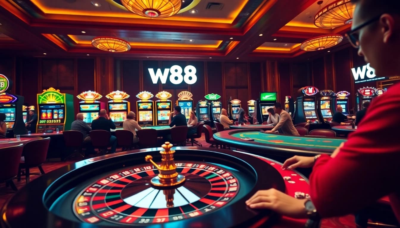Experience exciting gameplay at W88's casino tables, with vibrant slots and a thrilling poker atmosphere.