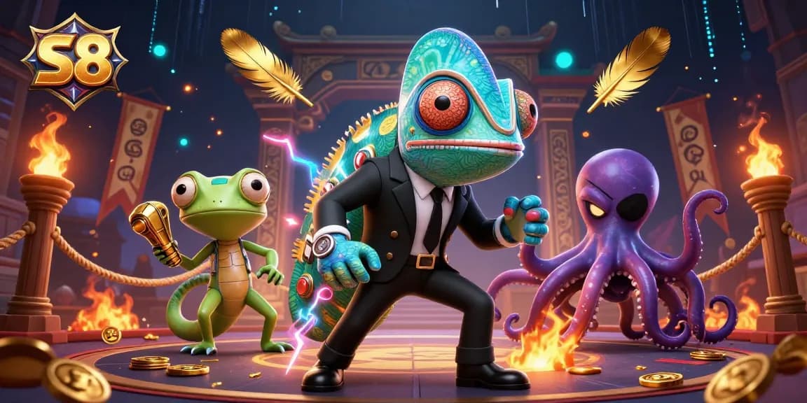 Experience exhilarating gaming at S8 with a vibrant 3D casino scene featuring colorful characters and dynamic elements.