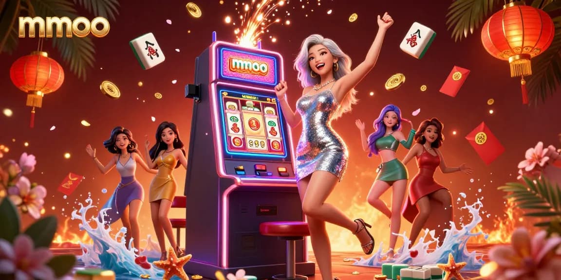 Engage with mmoo's vibrant casino experience as a joyful woman celebrates a slot machine jackpot.