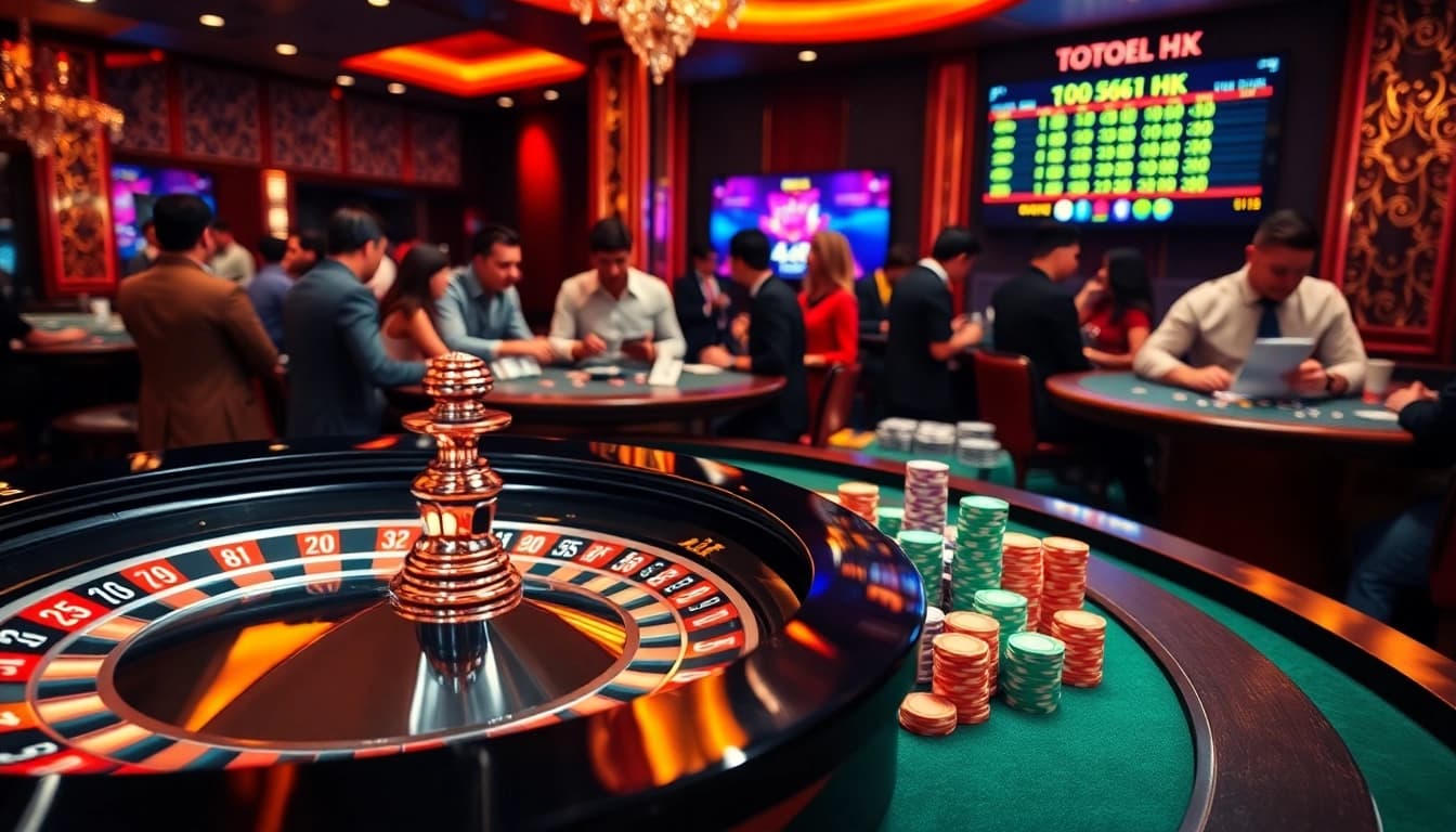 Engaging gamblers exploring Togel HK results around a luxurious casino table.