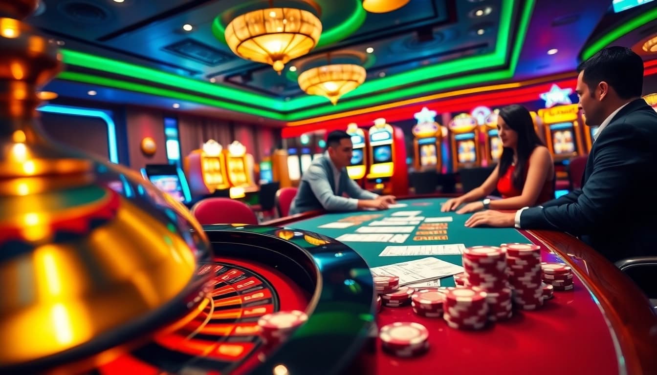 Experience excitement at f8bet with vibrant casino games and engaging players at a poker table.