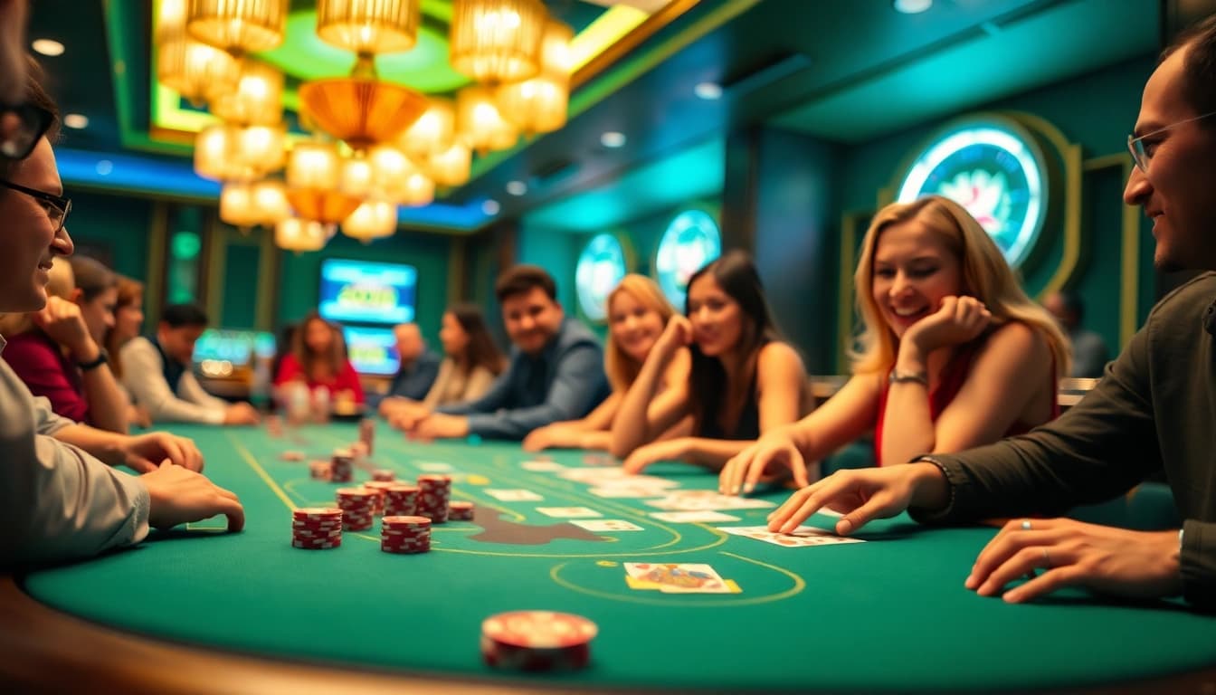 Experience the excitement of uvip娱乐 with players at a lively poker table surrounded by luxurious casino decor.