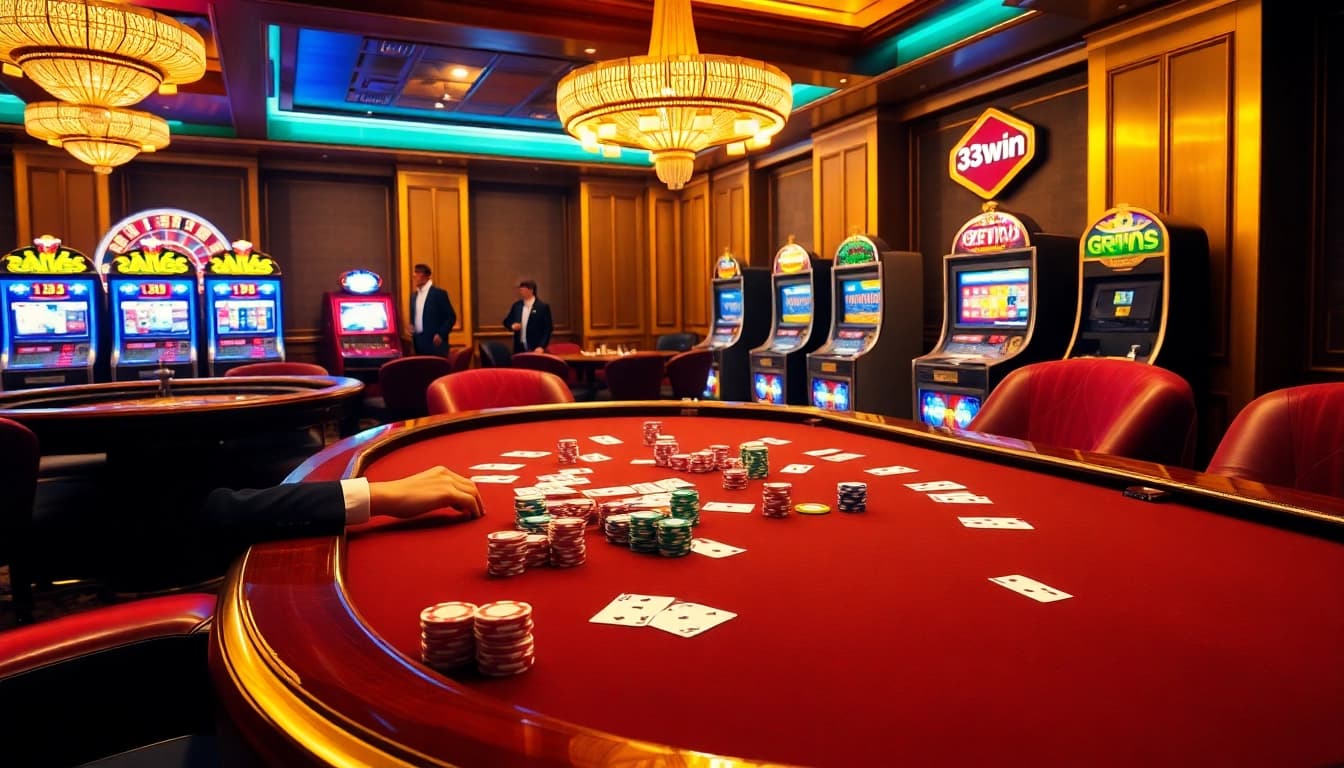 Engaging players betting at a vibrant 33win poker table with luxury casino elements.