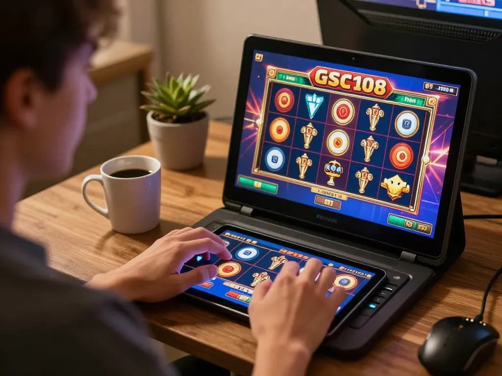 Player enjoying engaging Gsc108 slot game on a tablet in a cozy home setup