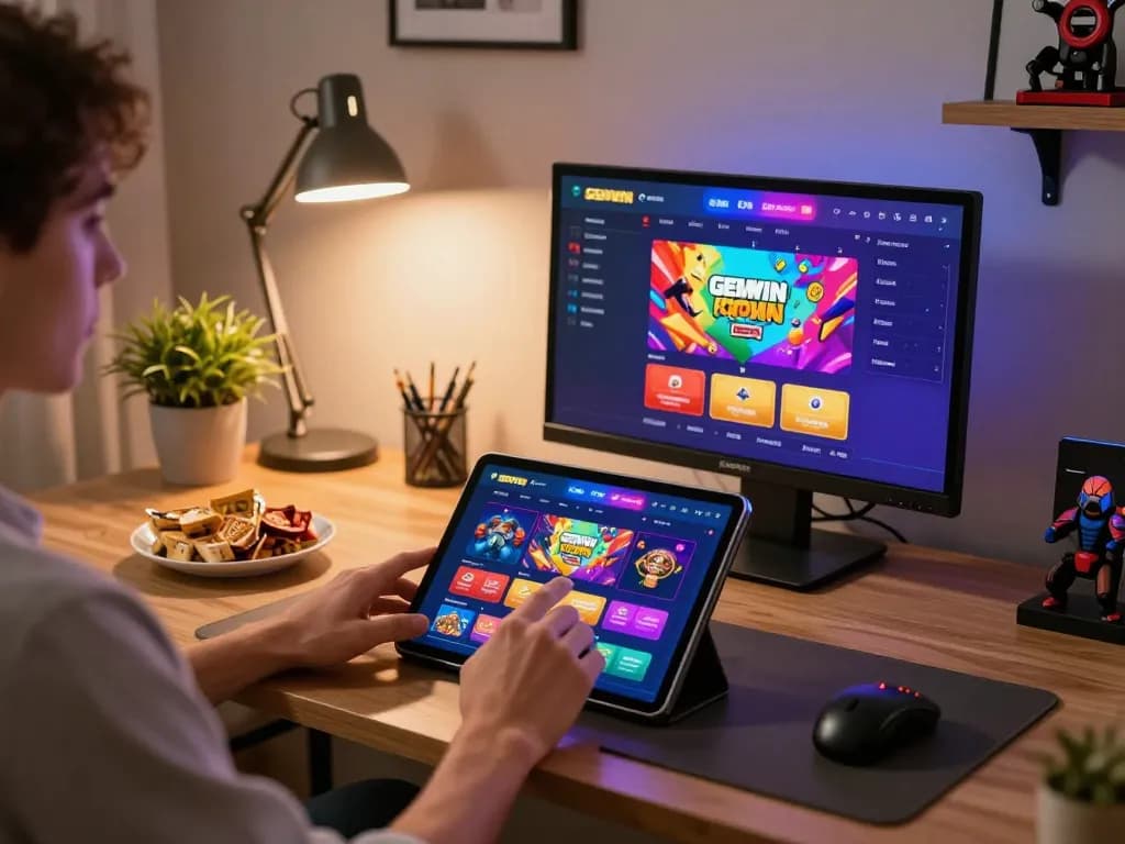 GEMWIN user engaging with vibrant casino app on tablet in stylish home setup
