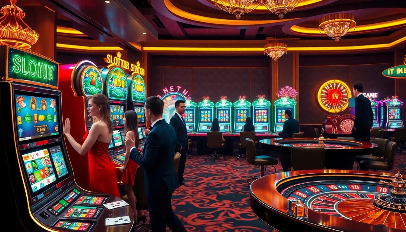 Enjoying slot88 gameplay at a vibrant casino with colorful slot machines and lively atmosphere