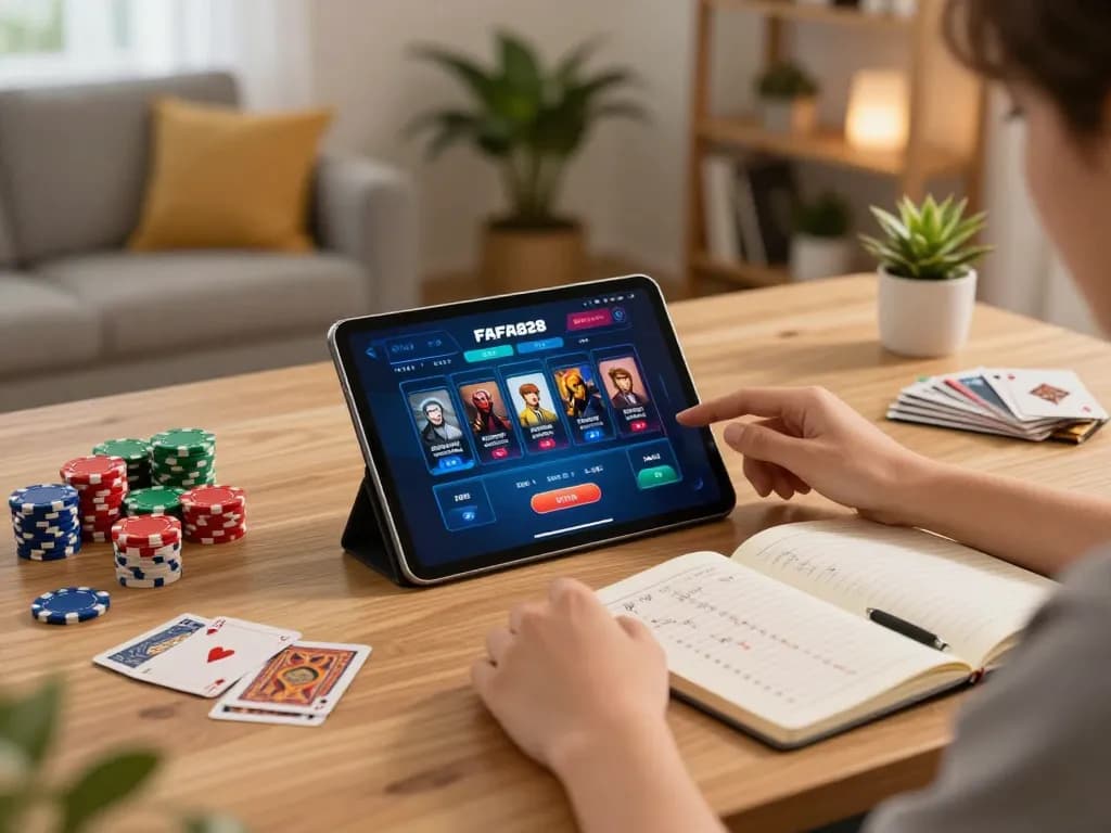 Engaging with FAFA828 casino app on tablet while strategizing betting for online gameplay