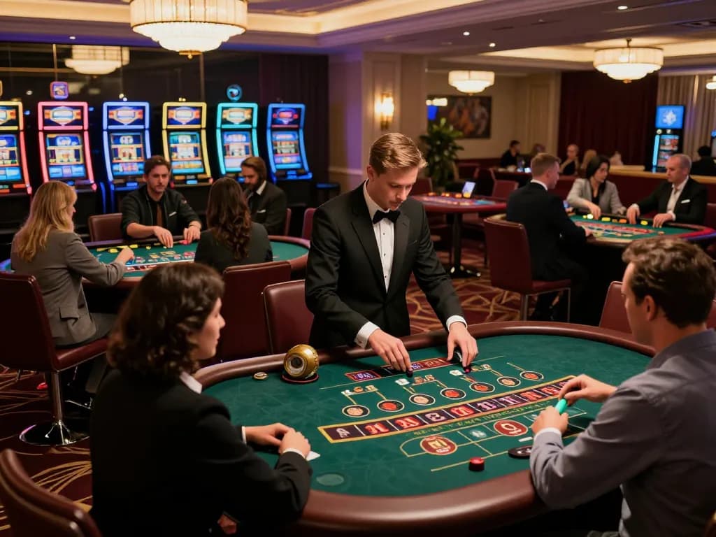 Players strategizing at PLANET88 casino tables under ambient lighting, featuring live gameplay.