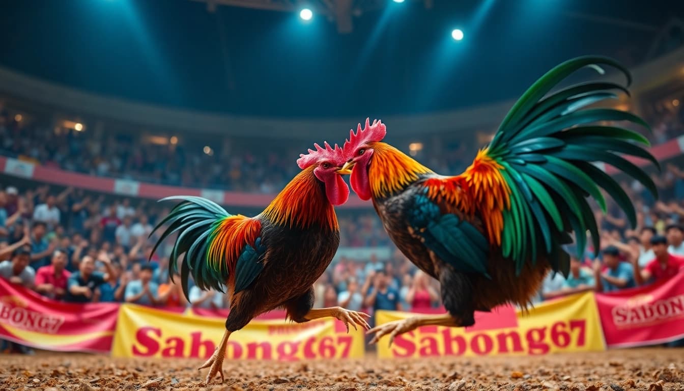 Exciting live cockfighting scene on Sabong 67 platform, showcasing vibrant colors and dynamic action.