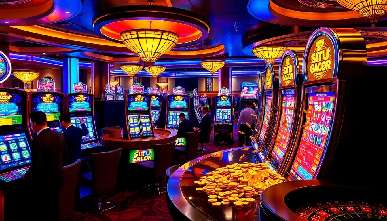 Situs Gacor players celebrating wins at vibrant slot machines in a luxurious casino atmosphere.