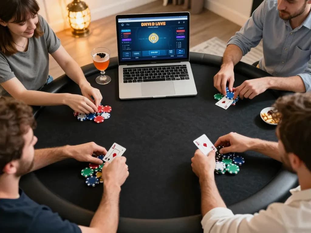 SV368 players engaging in an exciting home poker game, chips stacked, and drinks ready.