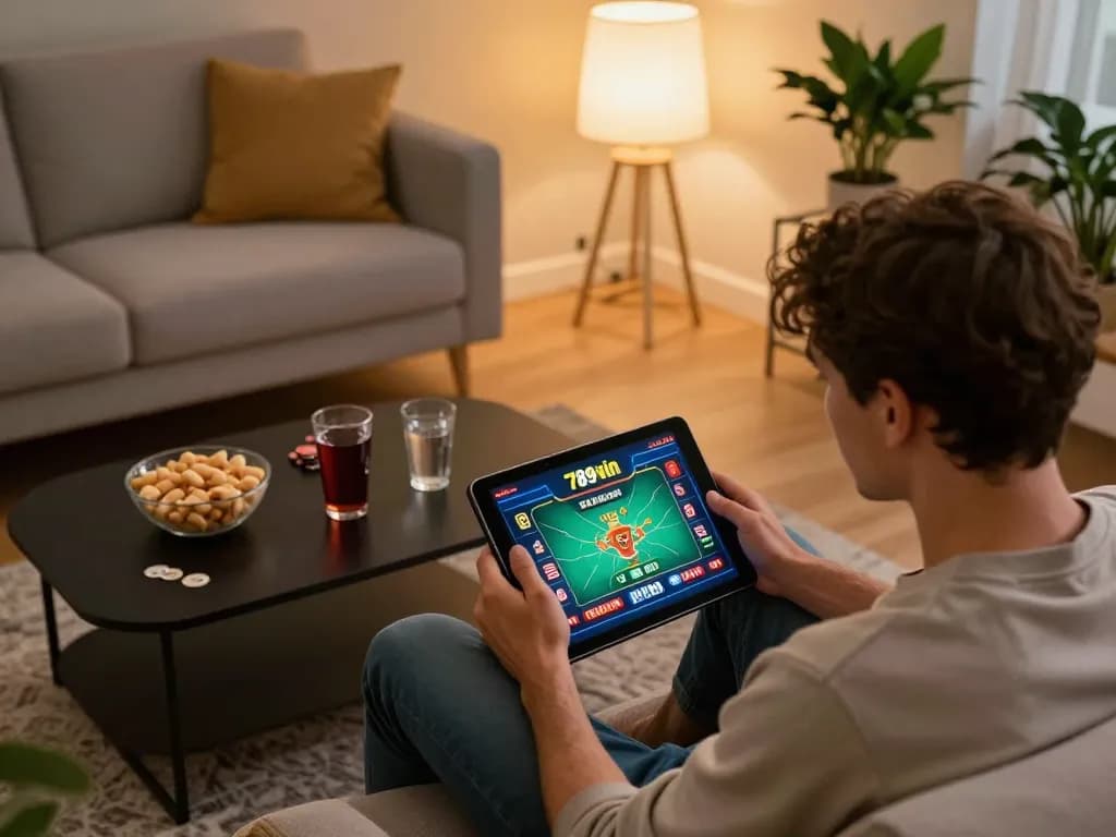 Engaging in 789 win gaming on a tablet in a cozy home setting, showcasing strategic play