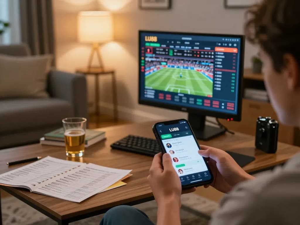 Person engaging with LU88 app on mobile device in cozy home setting.