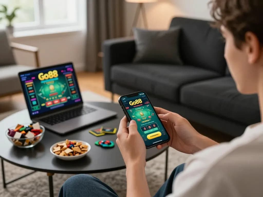 Enjoying Go88's live dealer blackjack on a stylish smartphone in a cozy home setting.