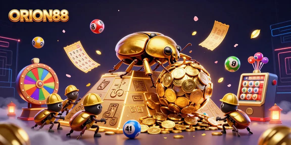 ORION88 reveals a golden dung beetle triumphantly rolling a ball of coins amidst vibrant casino elements