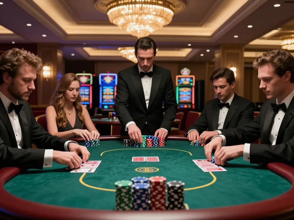 Players engaged in a high-stakes poker game at vvvwin casino with colorful chips on the table.
