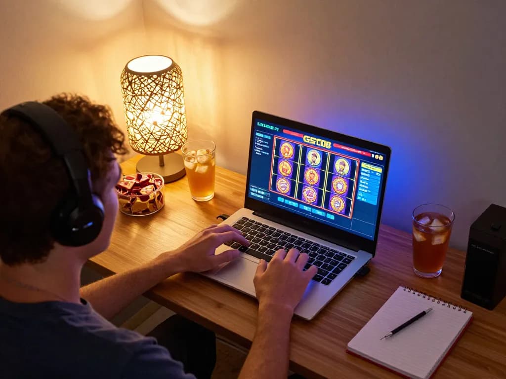 Pengguna yang terlibat bermain slot online Gsc108 di laptop dalam suasana rumah yang hangat dan nyaman.
