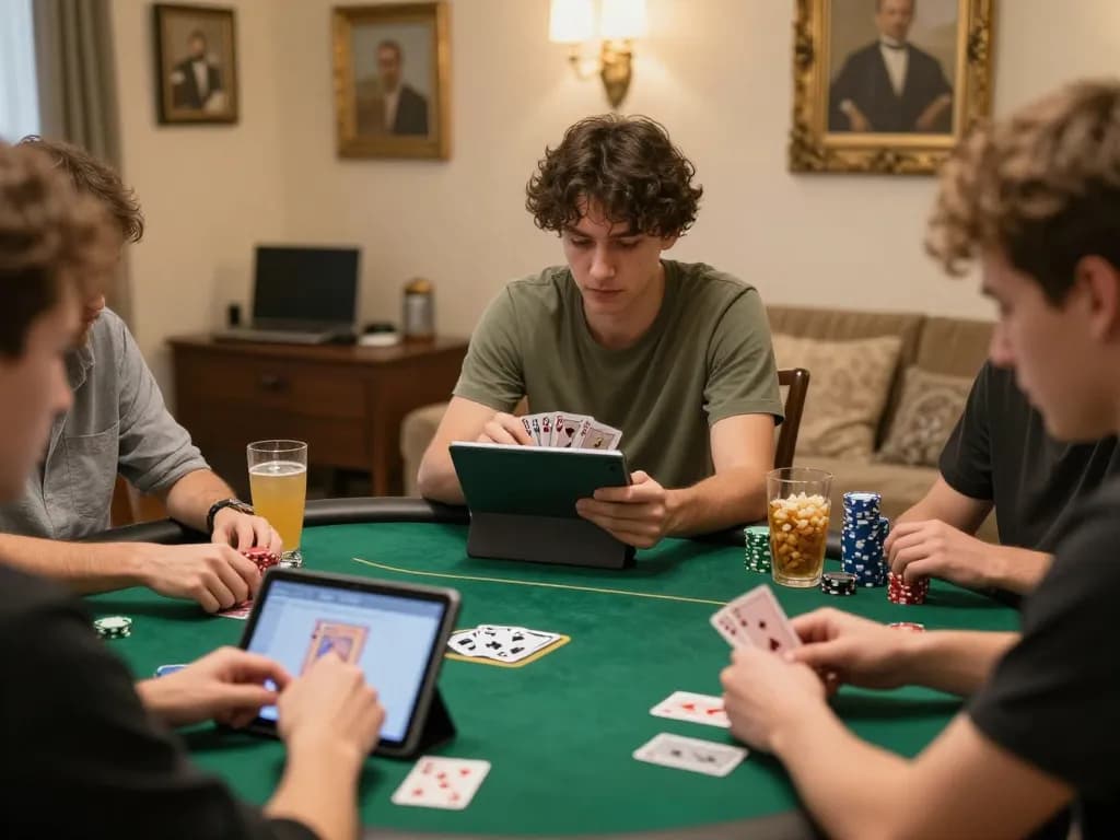 Players enjoying a strategic online poker game with fabet interface in a cozy home setting