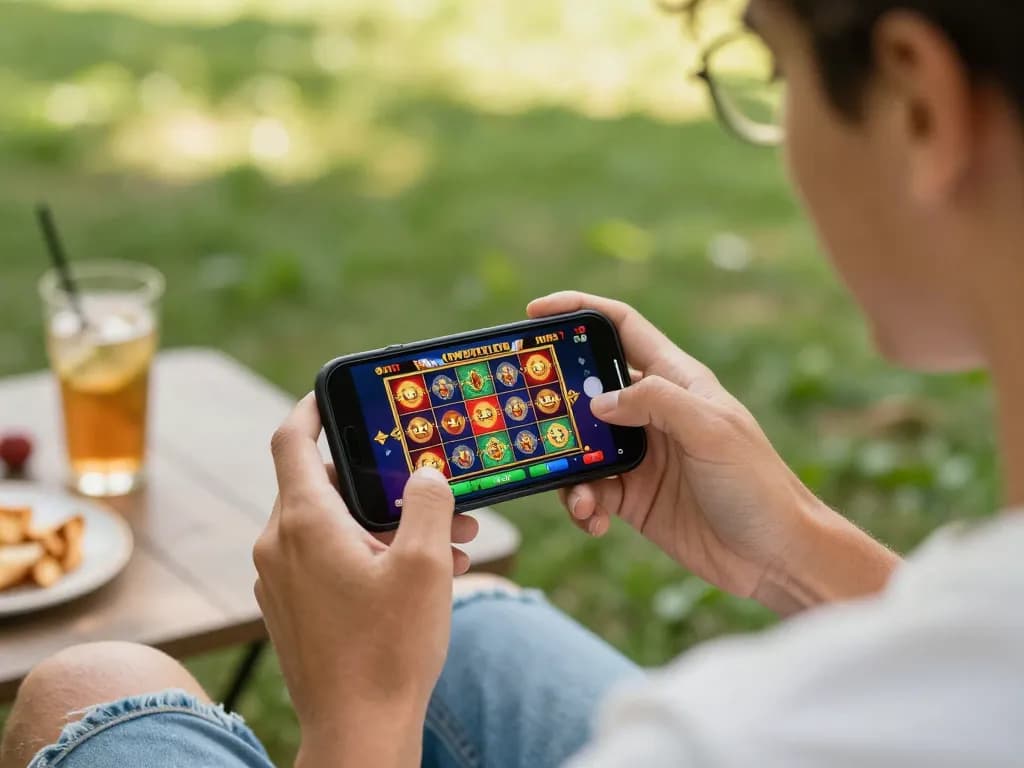 P permainan seluler yang menarik dengan slot tenku-ichiba di smartphone di lingkungan luar yang cerah