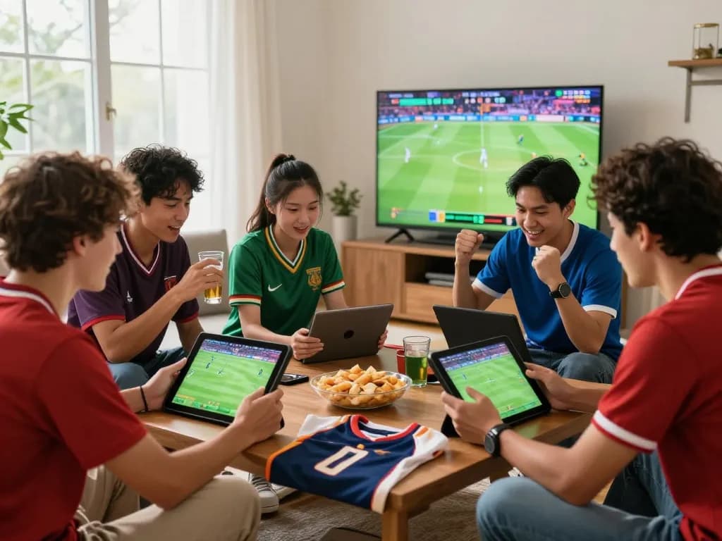 Friends celebrating sports betting with SBOBET on tablets and smartphones in lively living room setting.