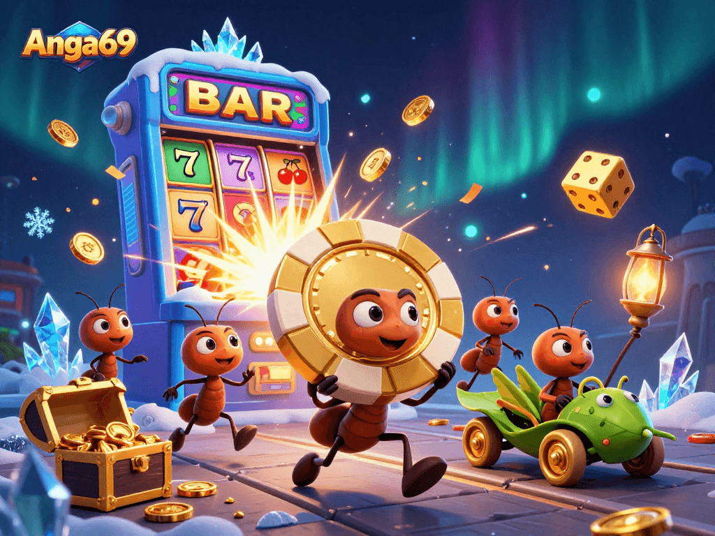 Angka69 offers thrilling slot action with playful ants carrying a golden chip amid a jackpot explosion.