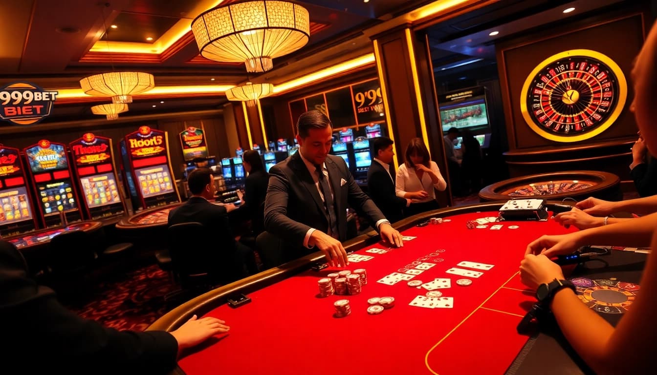 Experience the thrilling poker action at 999BET with vibrant chips and a luxurious casino atmosphere.