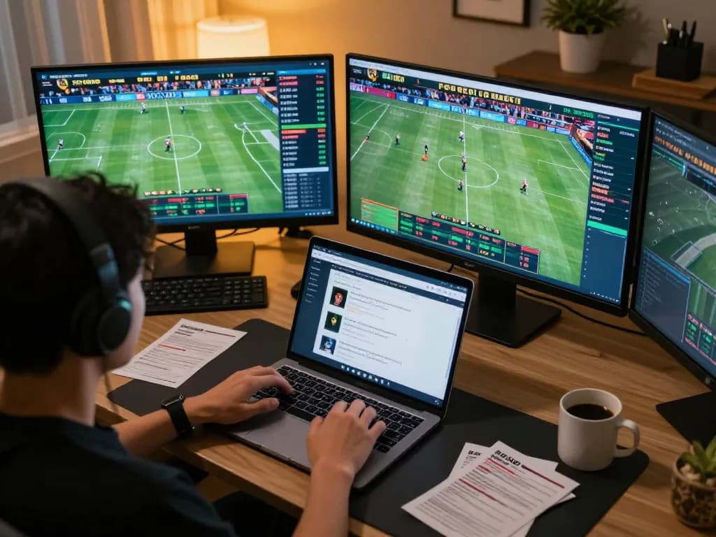 Soi Kèo betting experience with a person engaged in sports betting using multiple screens in a modern home office.