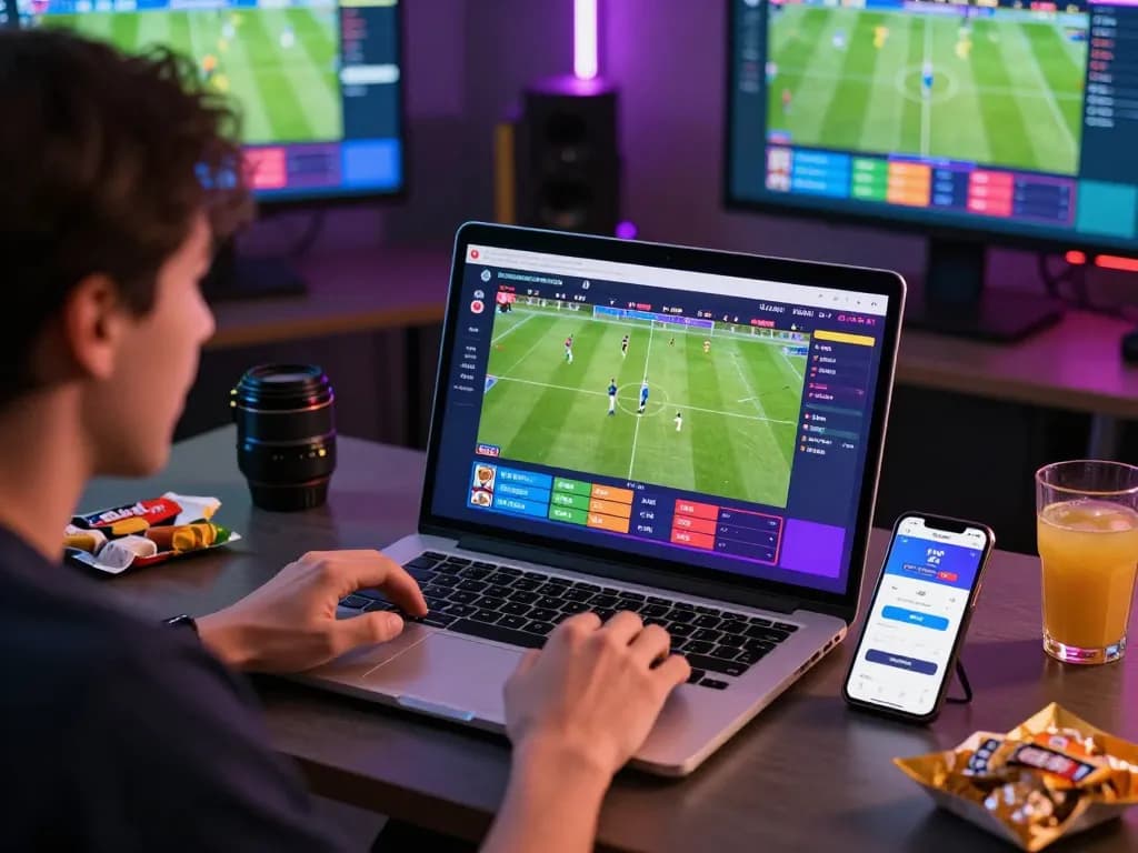Online betting for judi bola with user engaged in live football match odds.
