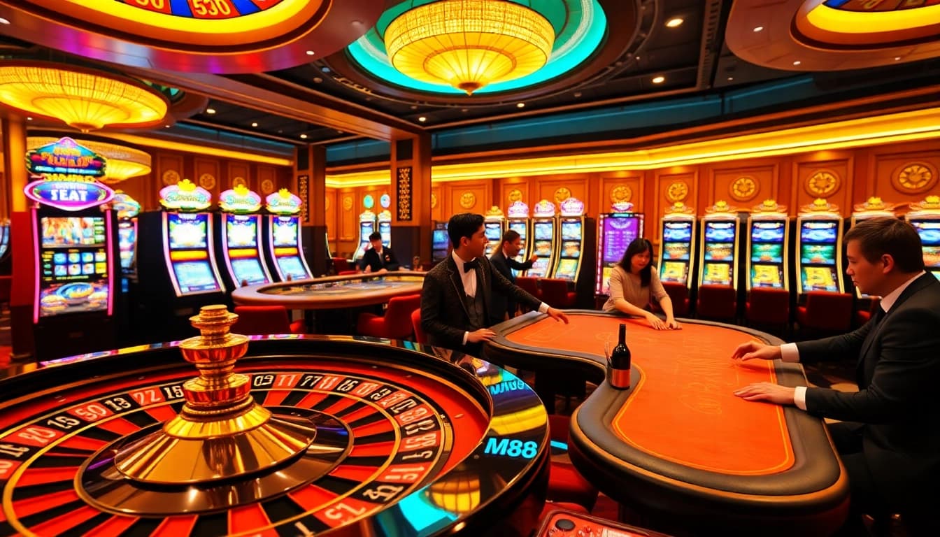 MM88 online casino interface with roulette wheel and poker tables, creating a vibrant gambling atmosphere.