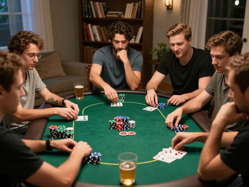 Engaged players enjoying a poker game night at home, showcasing 789win strategies and camaraderie