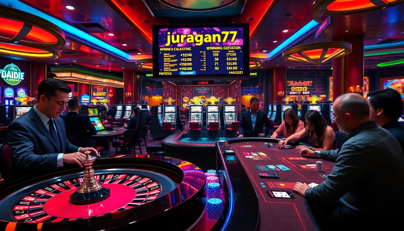 Experience the thrilling action of juragan77 at a vibrant casino with roulette and poker games.