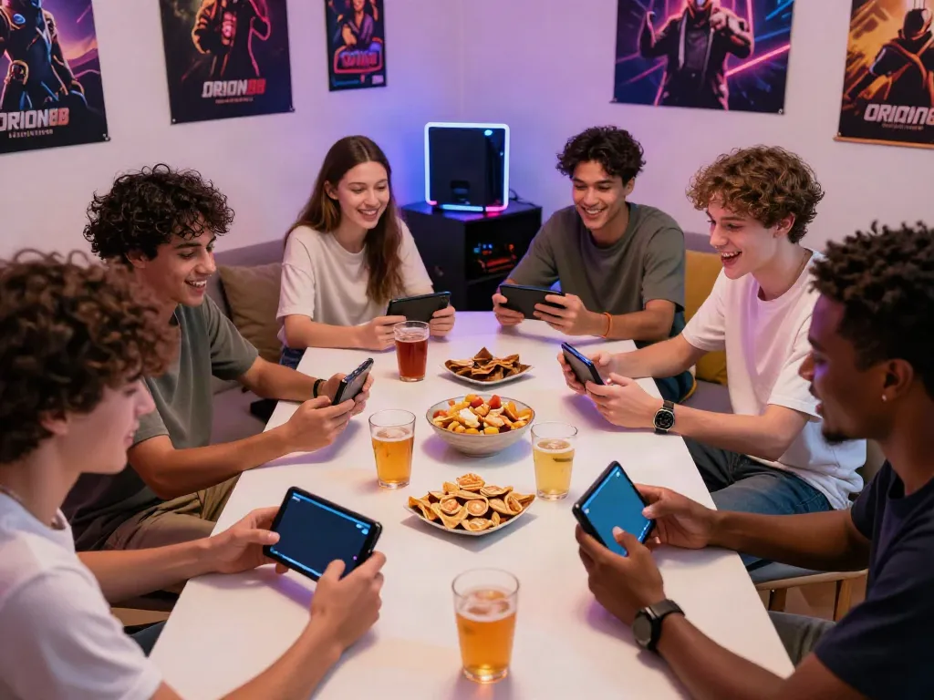 Friends enjoying an exciting ORION88 mobile gaming night with snacks.