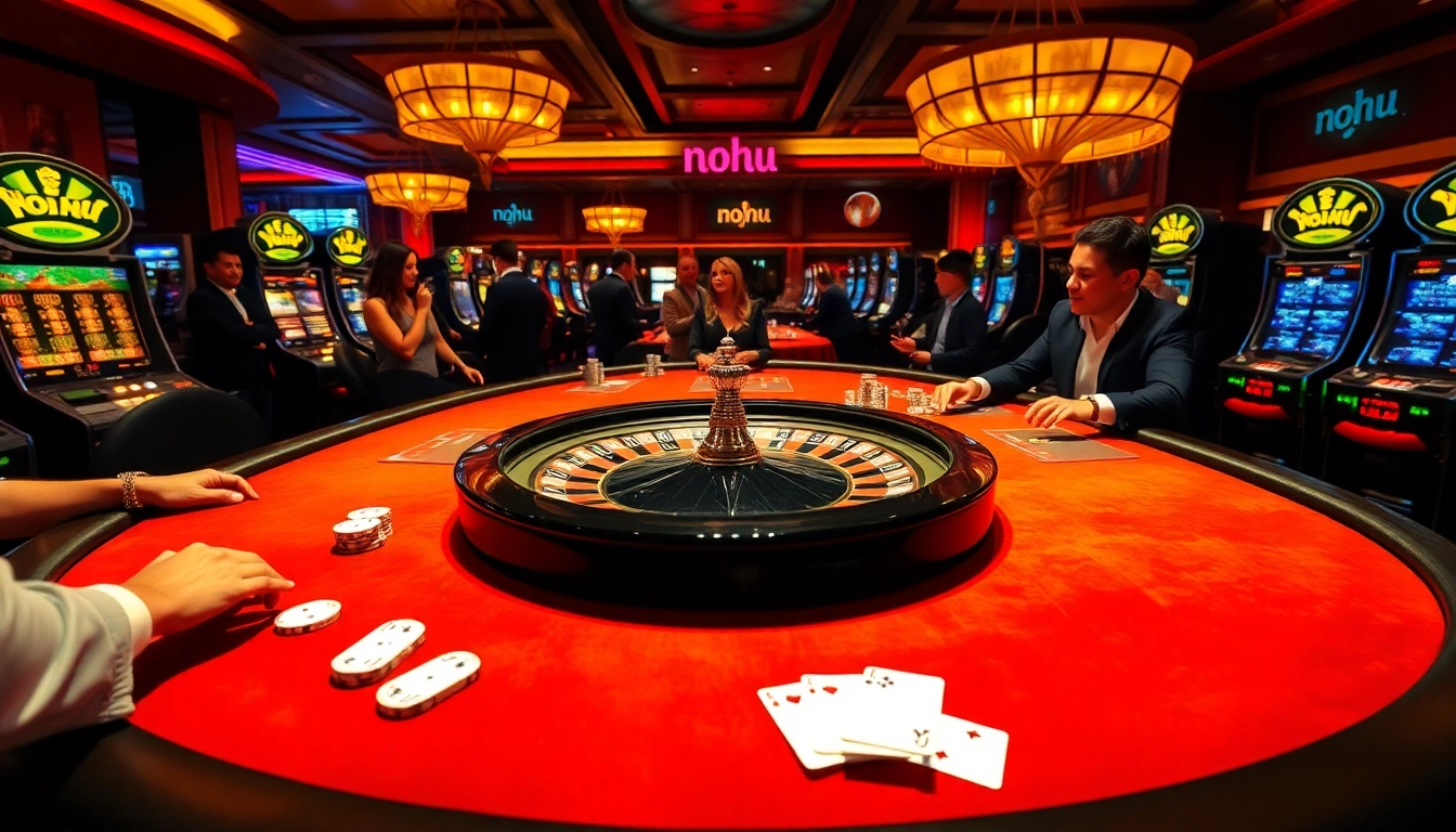 Nohu-themed casino featuring roulette wheel, colorful slot machines, and enthusiastic players.